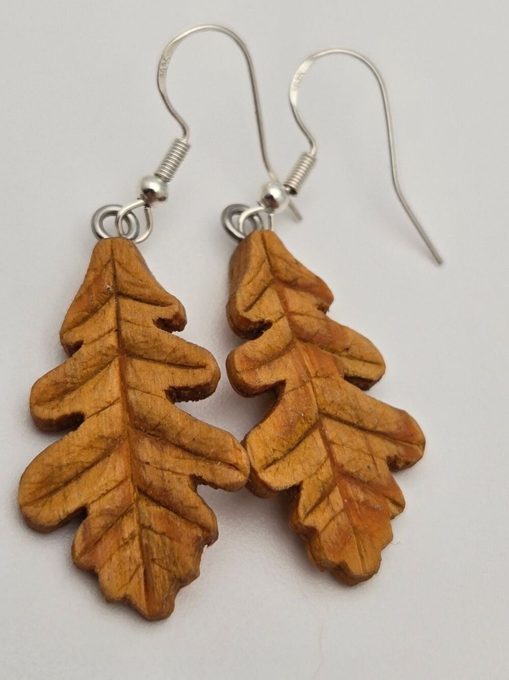 Handcrafted Oak Leaf Wood Earrings Sterling Silver Viking Rune Fehu 1.75"
